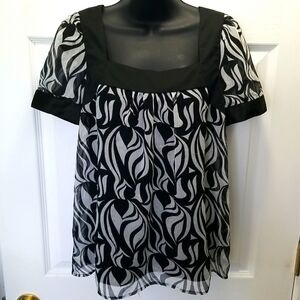 AnnTaylorLoft Black/WarmWhite Print Sheer Top w Black Satin Trim & Cuffs Size 4